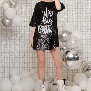 It's my birthday sequin t-shirt dress Plus Sizes  - BLACK